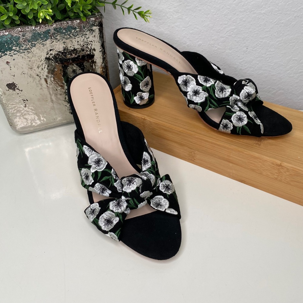 Loeffler Randall Coco Floral Mule Black Suede Embroidered Block Heel Chic 10